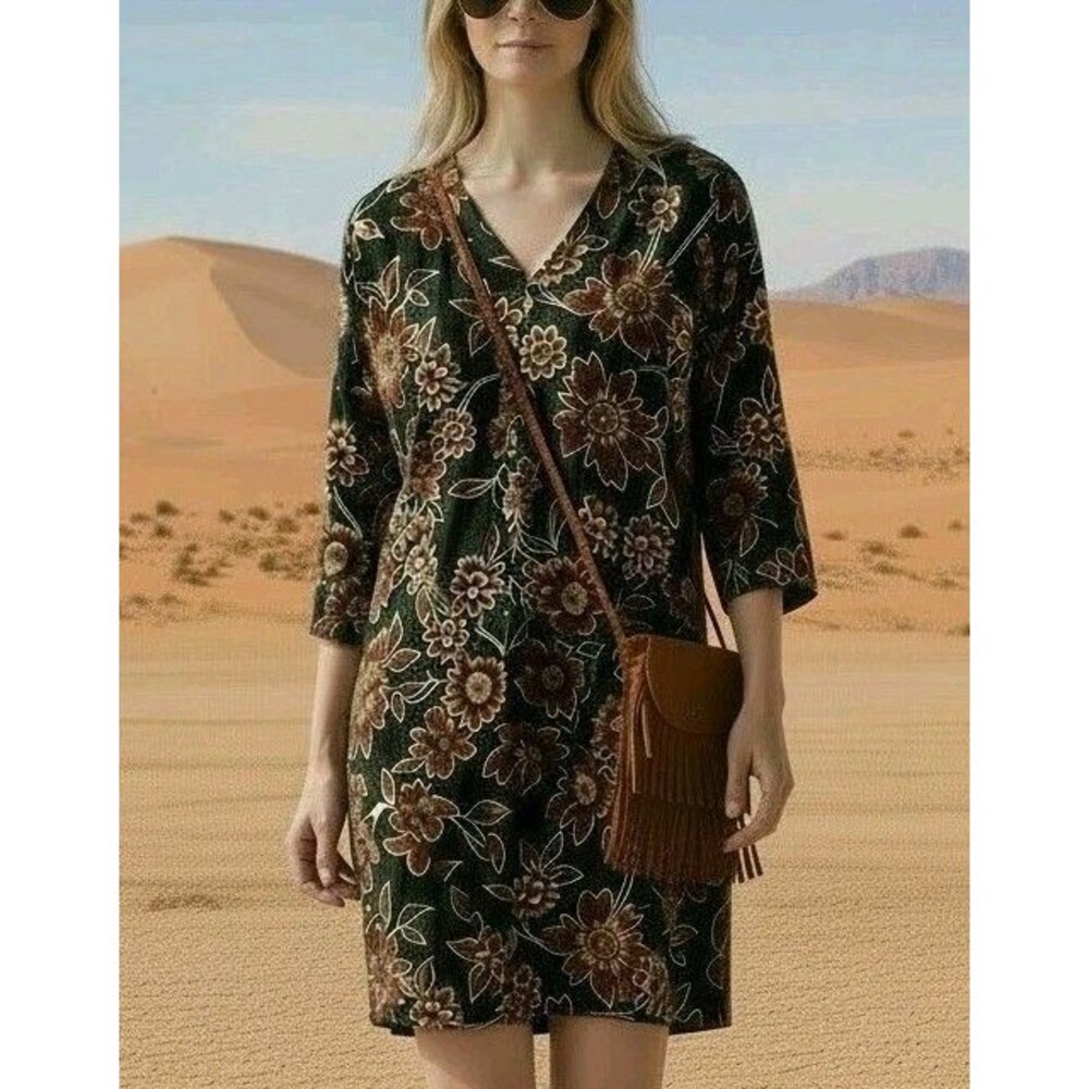 Zara Floral Mini Dress XS Black Red Long Sleeve V-Neck Boho Oversized